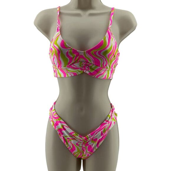 Aerie Crinkle Scoop Binding Bikini Top High Cut Cheekiest Bottom Set Size Small